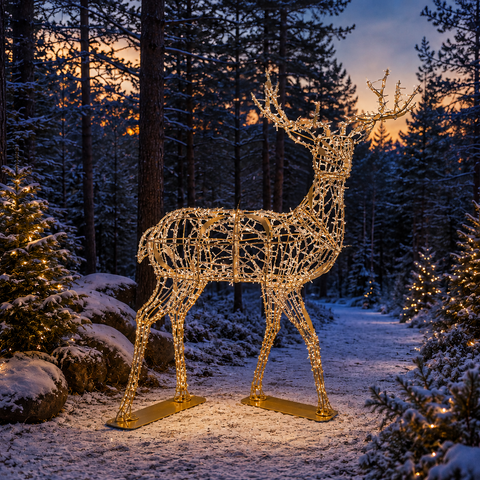 Large Deer Buck Figure, LED Lit (Gold/Warm White), 7ft