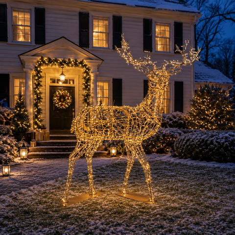 Large Deer Buck Figure, LED Lit (Gold/Warm White), 7ft