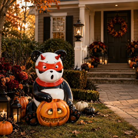 Large Evil Panda Holding Spooky Pumpkin Figure, 36"
