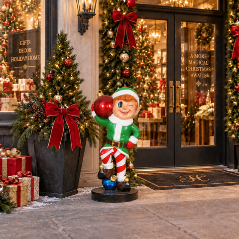 Large Fiberglass Elf Boy Holding Ornament Ball Figure, 37"