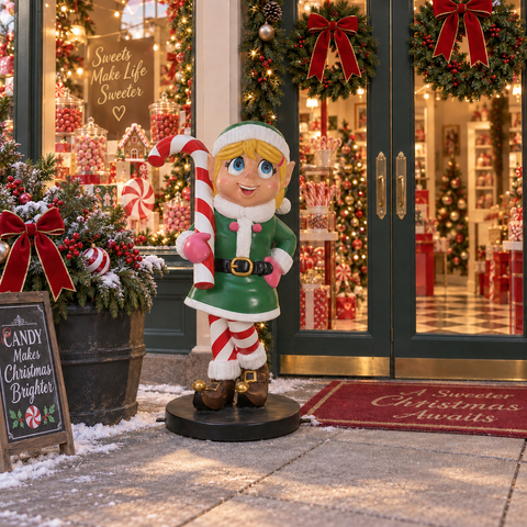 Large Fiberglass Elf Girl With Candy Cane Figure, 35"