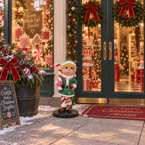 Large Fiberglass Elf Girl With Candy Cane Figure, 35"
