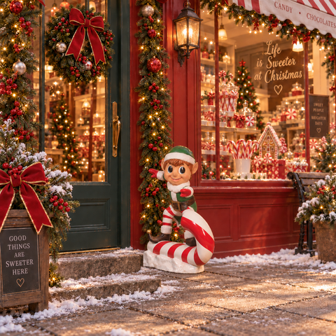 Large Fiberglass Elf On Candy Cane Figure, 35"