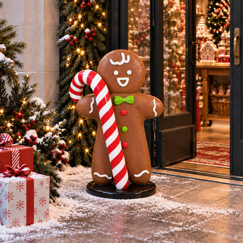 Large Fiberglass Gingerbread with Candy Cane Figure, 35"