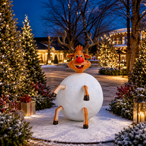 Large Fiberglass Reindeer in Snowball Figure, 57"