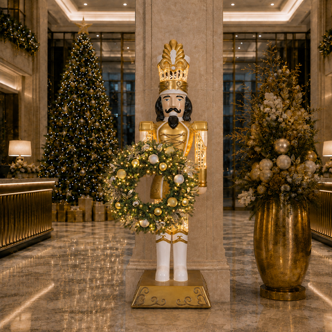 Large Fiberglass Royal Soldier Nutcracker Figure, LED Lit, 6ft (Gold)