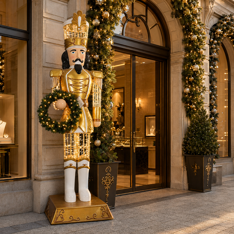 Large Fiberglass Royal Soldier Nutcracker Figure, LED Lit, 9ft (Gold) 