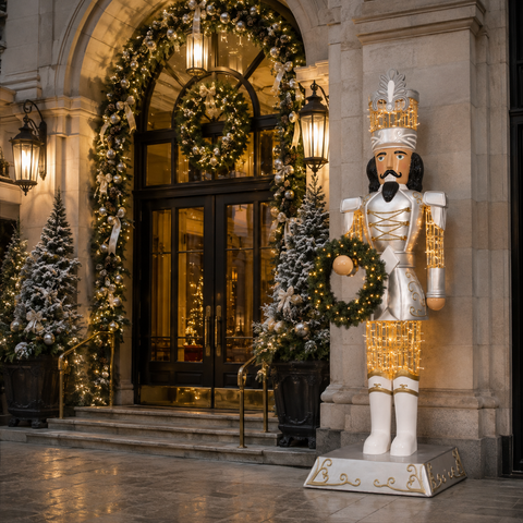 Large Fiberglass Royal Soldier Nutcracker Figure, LED Lit, 9ft (Silver)