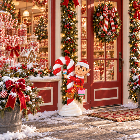Large Fiberglass Santa Elf on Candy Cane Statue, 47"
