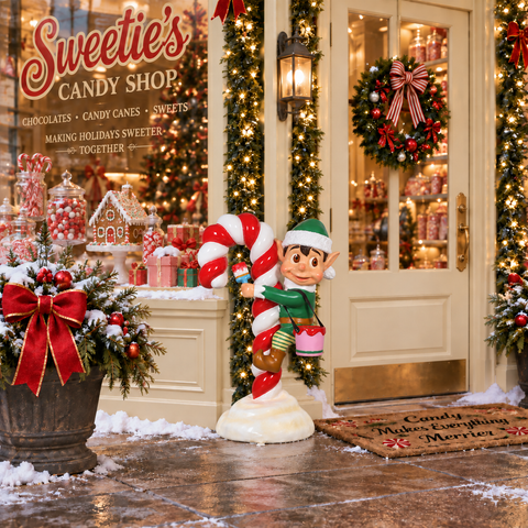 Large Fiberglass Santa Elf on Candy Cane Statue, 47"