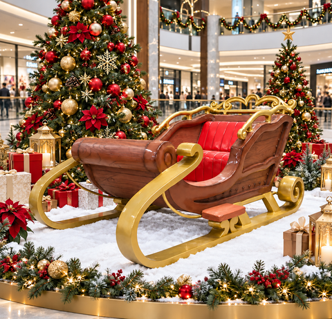 Large Fiberglass Santa Sleigh 2 Seater Prop, 77"