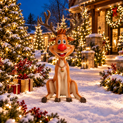 Large Fiberglass Sitting Reindeer Figure, 53"