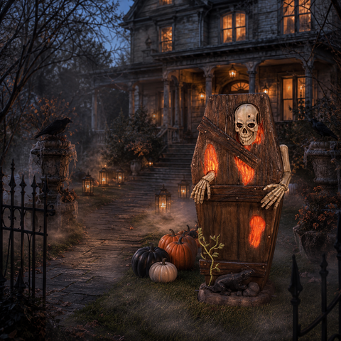Large Fiberglass Skeleton In The Coffin Display, 71"