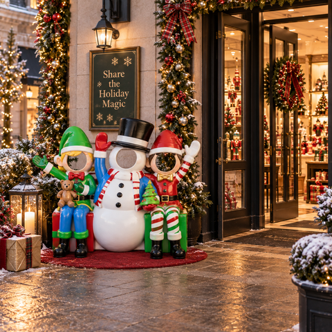 Large Fiberglass Snowman and Friends Photo Op, 69"