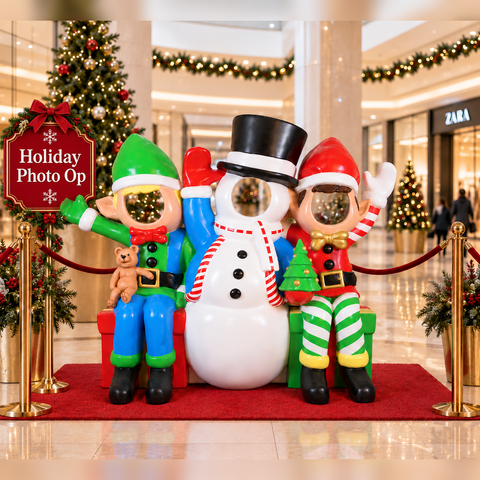 Large Fiberglass Snowman and Friends Photo Op, 69"