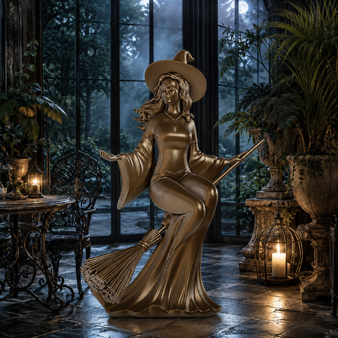 Large Fiberglass Witch Riding a Broom Figure, 52"