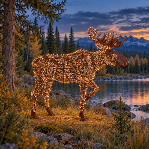 Large Golden White Mr. Moose, LED Lit w/Fiberglass 8'