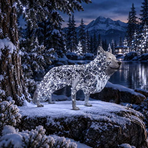 Large He Wolf Figure, LED Lit w/Fiberglass (White), 53"