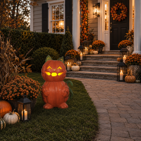 Large Pumpkin Cat Figurine, 26"