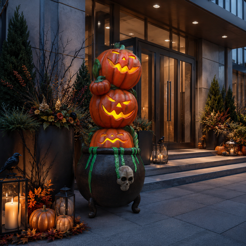Life-size Pumpkins in Cauldron Pillar Decoration, 83"