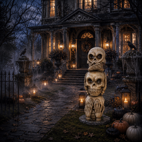 Lifesize Fiberglass No Speak, Hear, See Skull Pillar Decoration, 71"