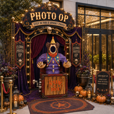 Lifesize Killer Clown In A Box Photo Op Display, 72"