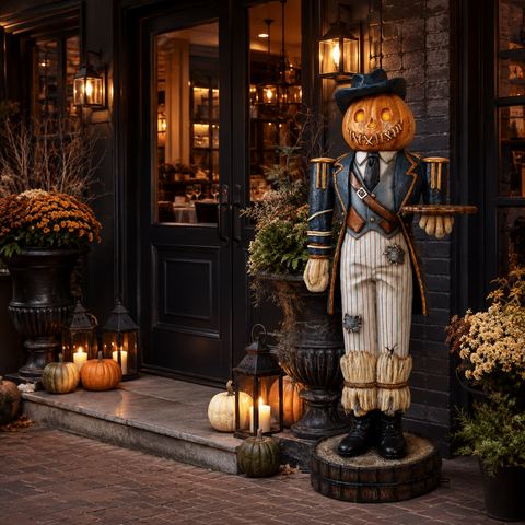 Lifesize Pumpkin-Headed Scarecrow Butler Statue, 72"