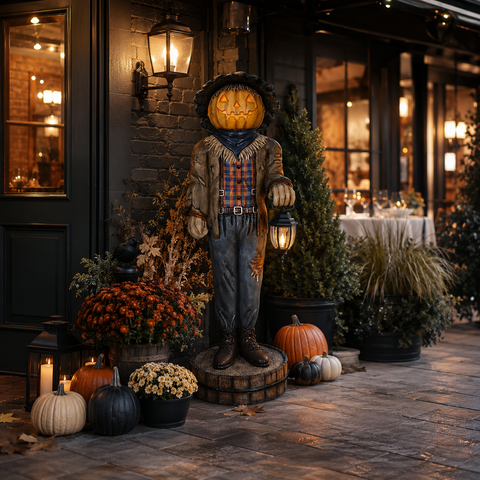 Lifesize Pumpkin Head Scarecrow w/Lantern Halloween Statue, 72"