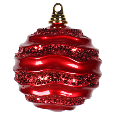 6" Red Stripe Candy Finish Wave Ball Christmas Ornaments w/Glitter Accents