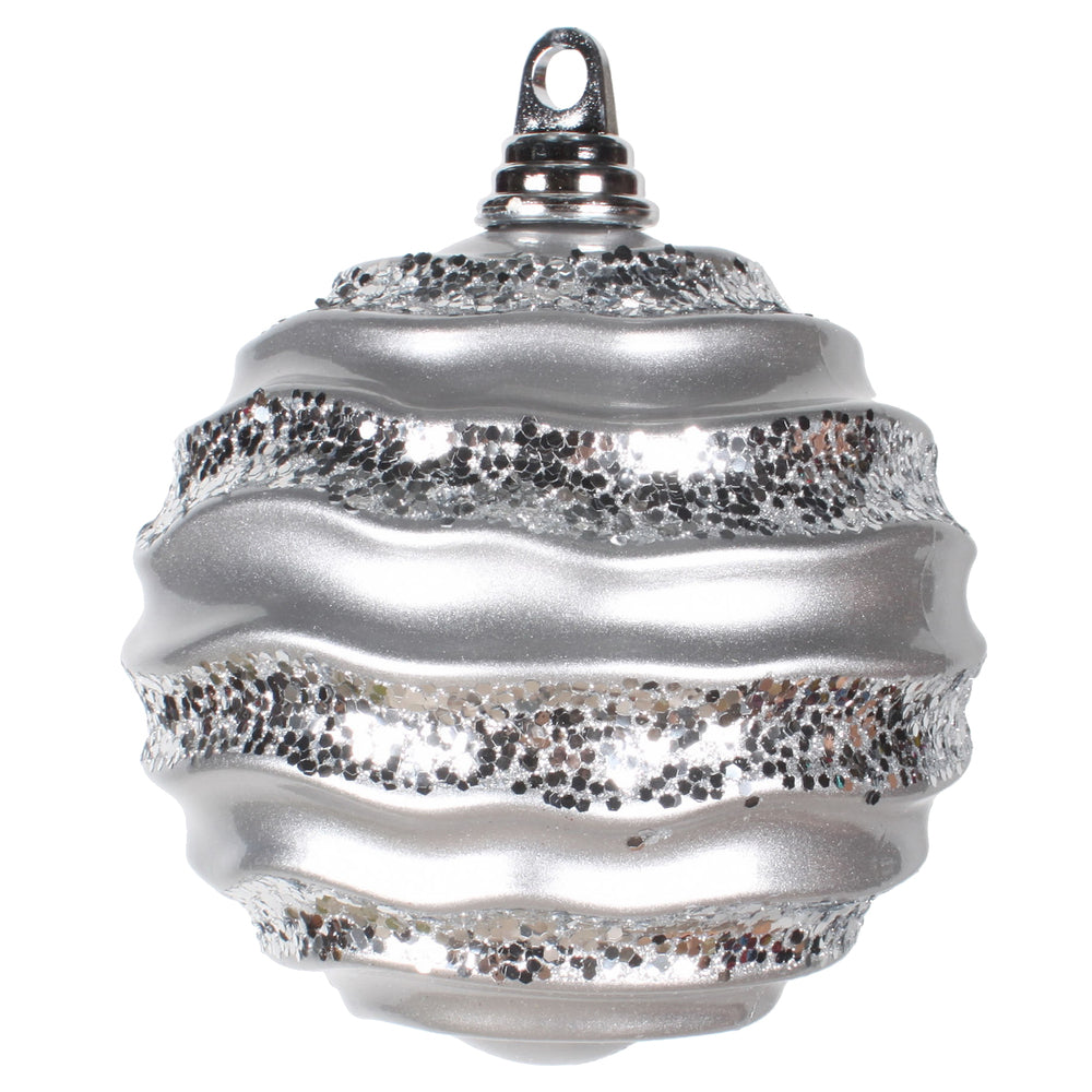 6" Silver Stripe Candy Finish Wave Ball Christmas Ornaments w/Glitter Accents