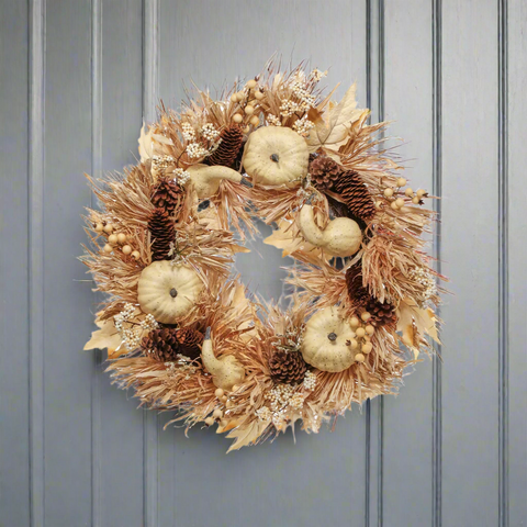 Harvest Wreath with Pumpkins, Berries, Pine Cones, and Straw Accents, 22"