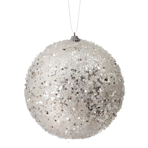 6" Glitter Sequin Iced Ball Ornament (White)