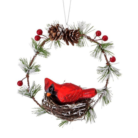 Glass Cardinal In Wreath Nest Ornament, 6"