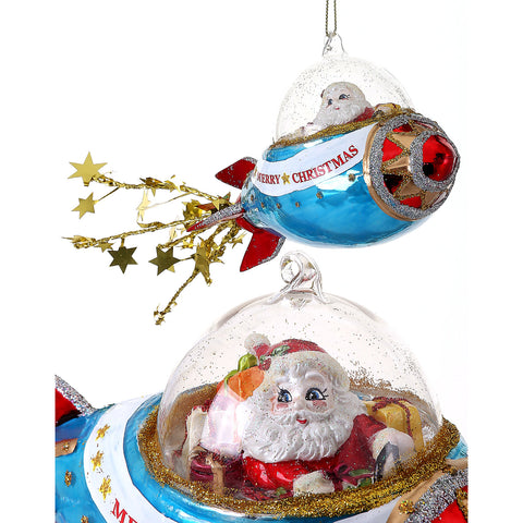 9" Glass Santa in Rocketship Ornament