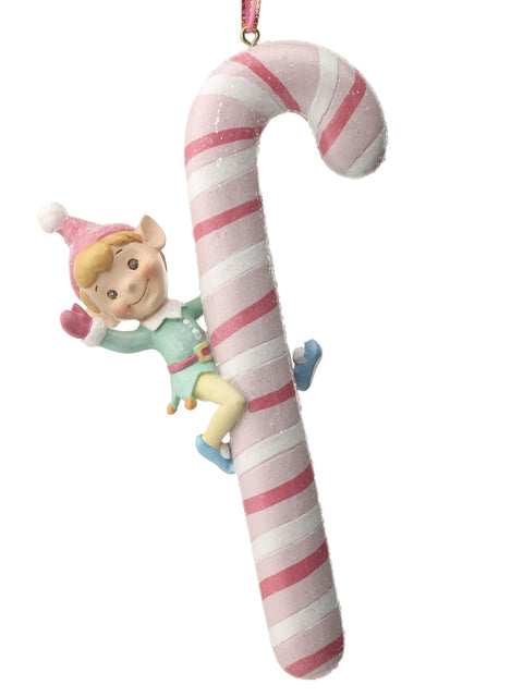 Resin Elf On A Candy Cane Ornament, 6"