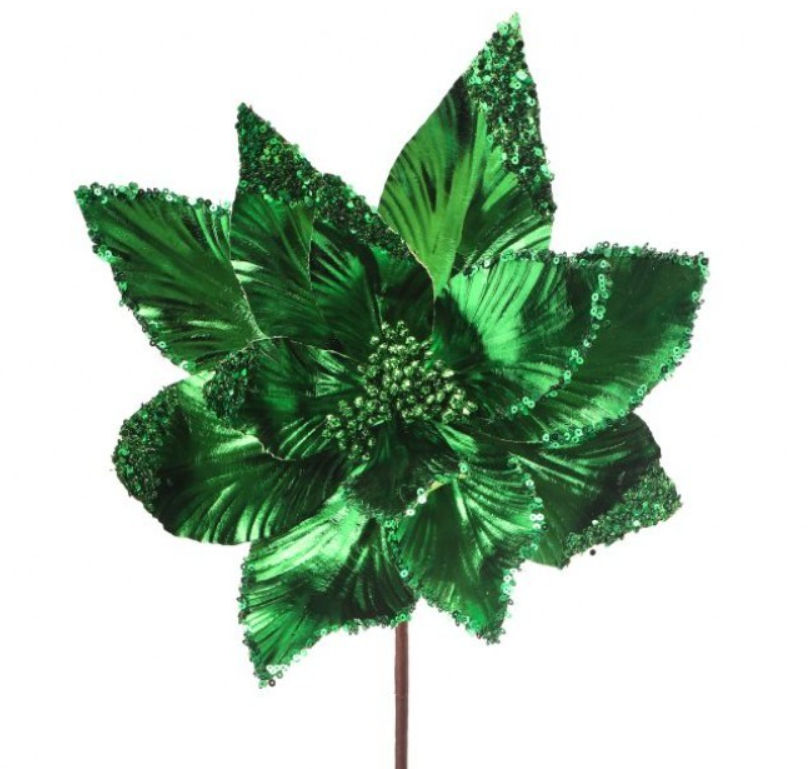 24" Metallic Emerald Sequin Edge Poinsettia Stem