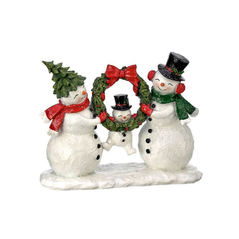 Resin Snowman Family w/Kid In Wreath, 10"