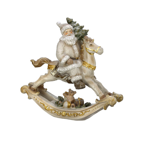 11.6" Resin Santa Rocking Horse (Ivory / Gold)