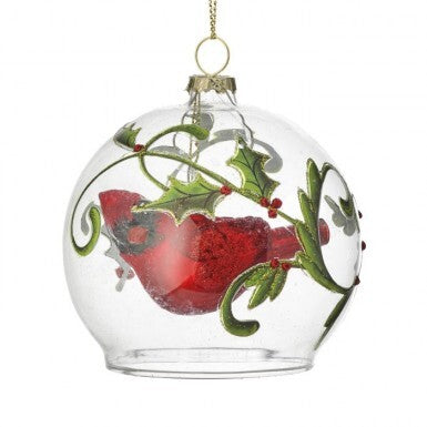 4" Glass Cardinal In Holly Vine Ornament