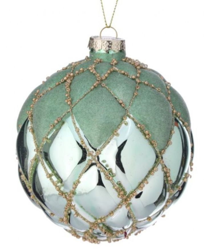 4" Glass Bead Mesh Flocked Ball Ornament