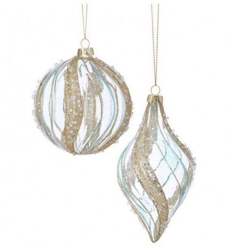 4-6" Aqua & Gold Pearl Striped Ball or Finial Ornament (sold individually)