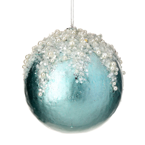 5" Pearl / Crystal Encrusted Ball Ornament (Aqua)