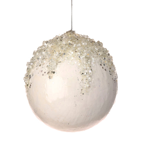 5" Iced w/Crystal Encrusted Ball Ornament (White)