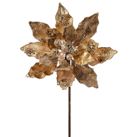 24" Iced w/Jewel Encrusted Poinsettia Stem (Champagne Gold)