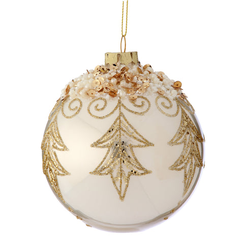 4" Glass w/Pearl Etched Ball Ornament (Cream/gold)