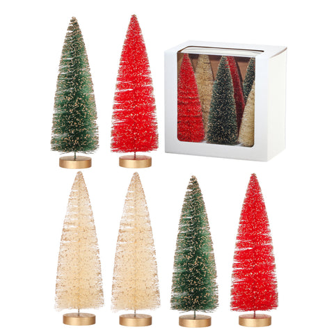 9" Vintage Glitter Sisal Trees (box/6, red/green/ivory)