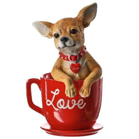 Resin Dog In A "Love" Coffee Cup Figurine, 10.5"