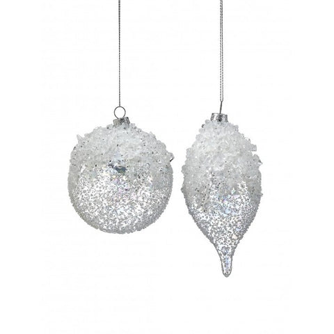 Glass Iced Ball/Finial Ornament, 4-6" (2 styles - sold individually) (White Clear)