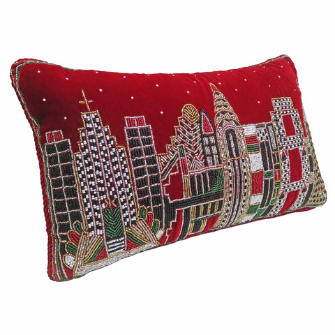 NYC Pillow With Beaded Skyline, 17 x 10"