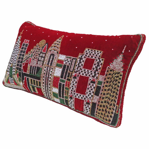NYC Pillow With Beaded Skyline, 17 x 10"